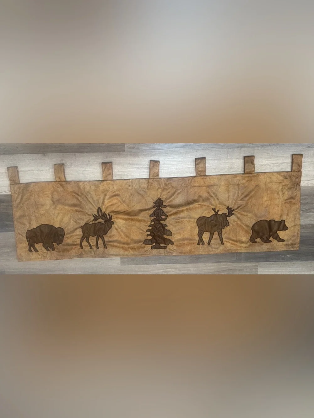 Set of 4 Faux Suede Rustic Moose, Bear, Pine Tree Curtain Adirondack- Brown
